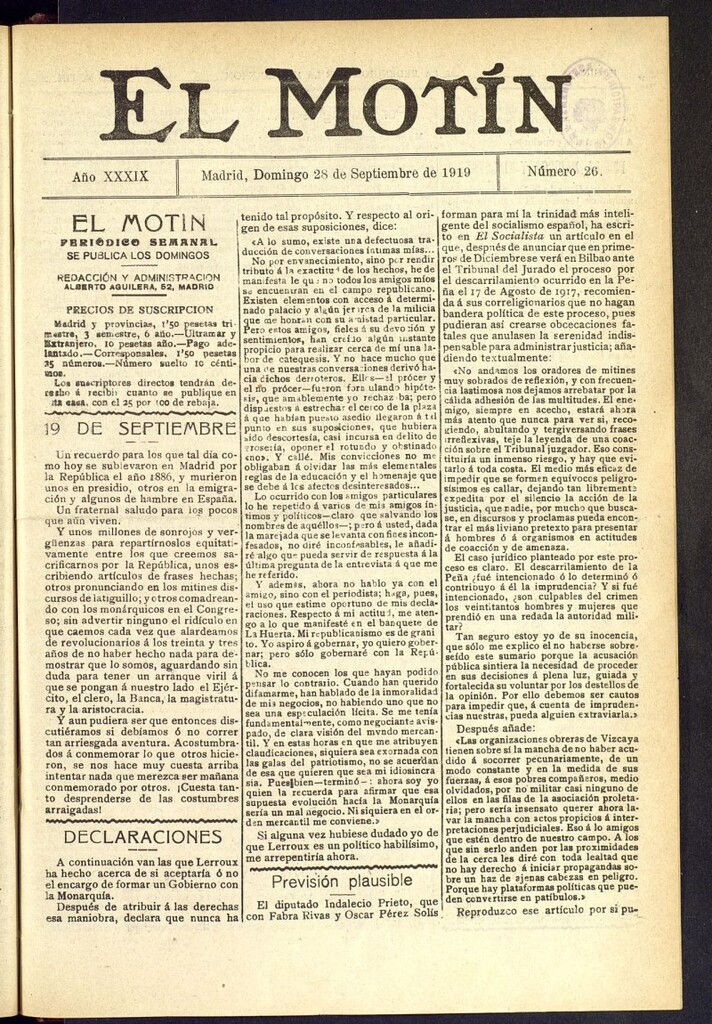 Miniatura de El Motín : periódico satírico semanal del 28 de septiembre de 1919, nº 26