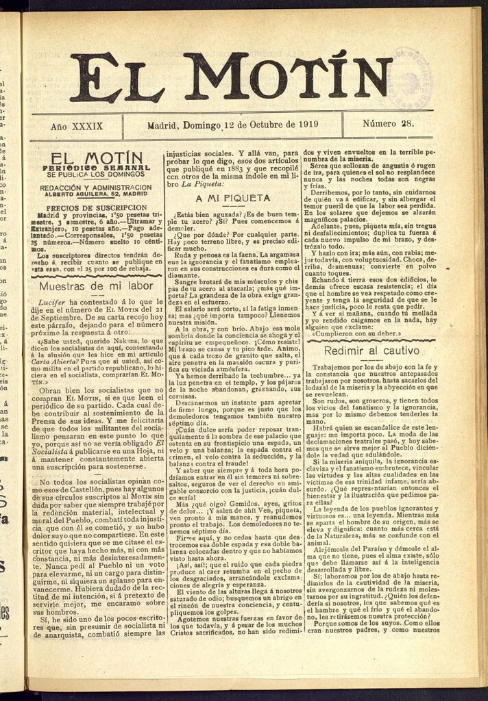 Miniatura de El Motín : periódico satírico semanal del 12 de octubre de 1919, nº 28