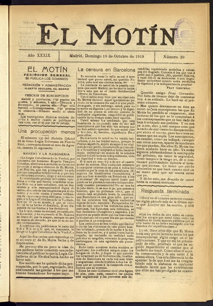 Miniatura de El Motín : periódico satírico semanal del 19 de octubre de 1919, nº 29