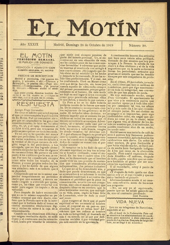 Miniatura de El Motín : periódico satírico semanal del 26 de octubre de 1919, nº 30