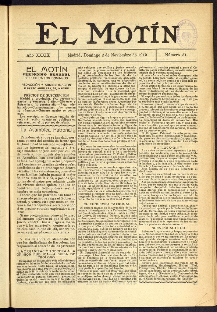 Miniatura de El Motín : periódico satírico semanal del 2 de noviembre de 1919, nº 31
