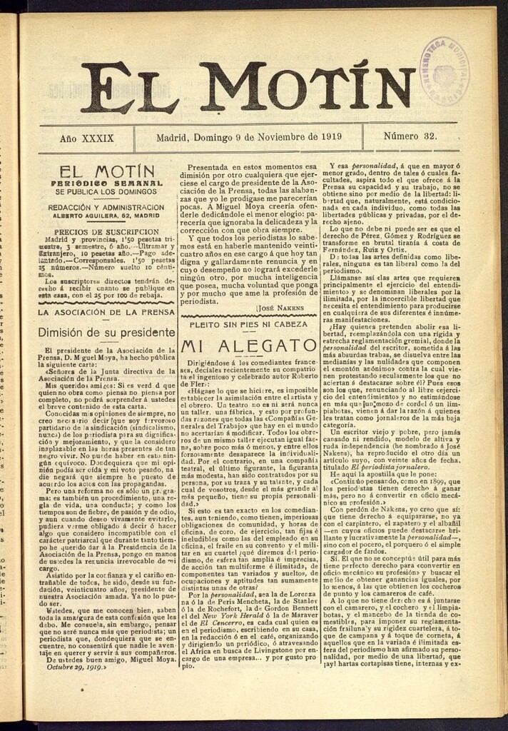 Miniatura de El Motín : periódico satírico semanal del 9 de noviembre de 1919, nº 32