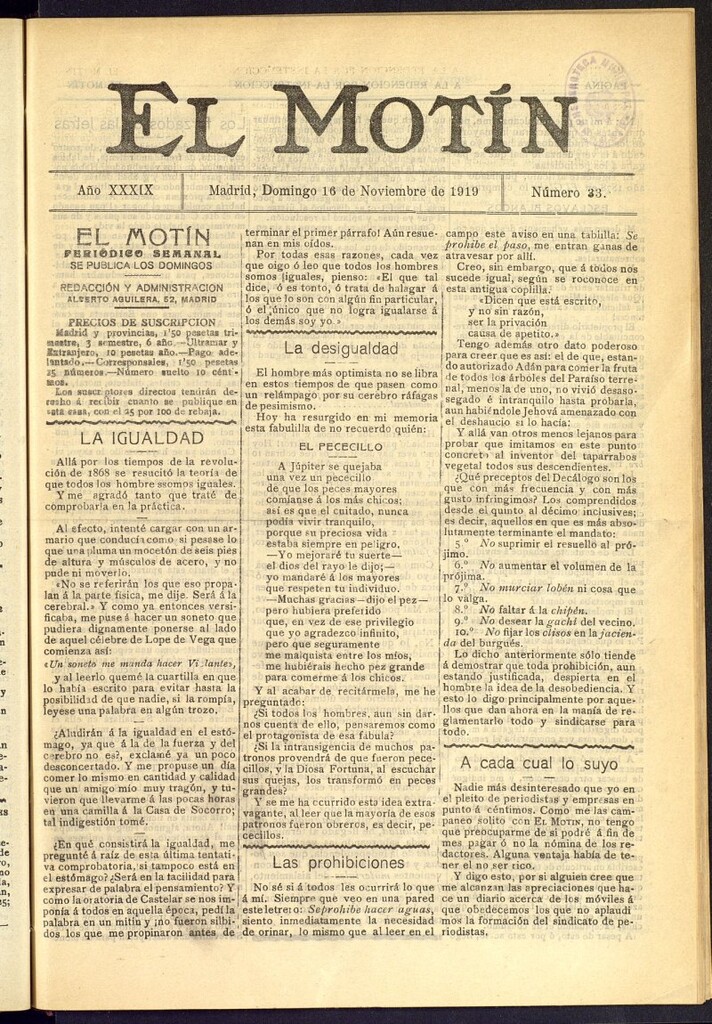 Miniatura de El Motín : periódico satírico semanal del 16 de noviembre de 1919, nº 33