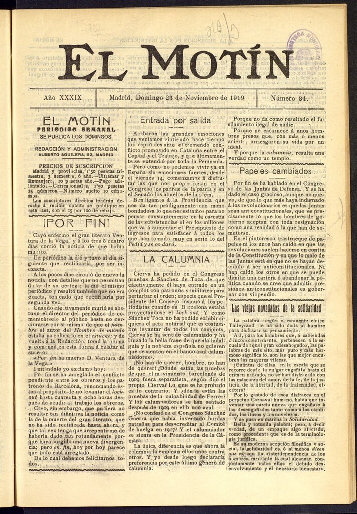 Miniatura de El Motín : periódico satírico semanal del 23 de noviembre de 1919, nº 34