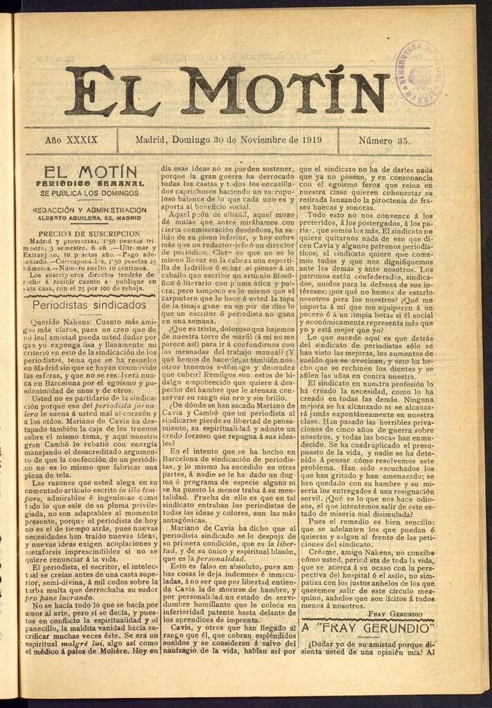 Miniatura de El Motín : periódico satírico semanal del 30 de noviembre de 1919, nº 35