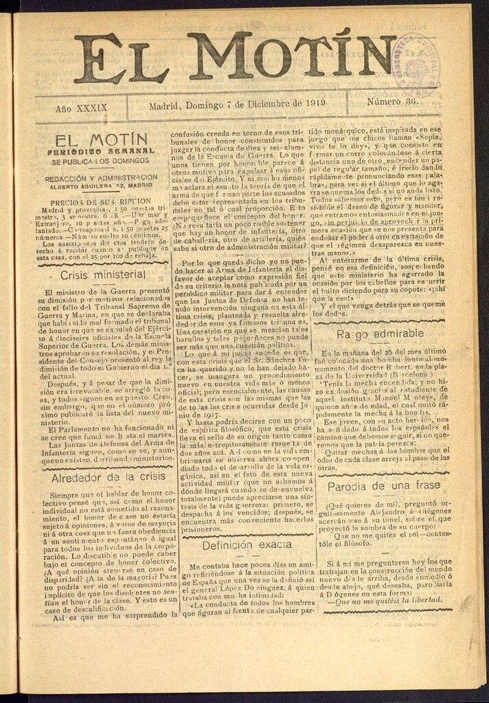 Miniatura de El Motín : periódico satírico semanal del 7 de diciembre de 1919, nº 36