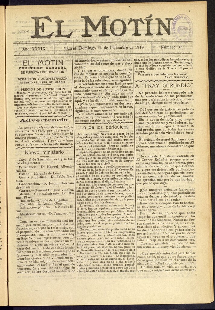 Miniatura de El Motín : periódico satírico semanal del 14 de diciembre de 1919, nº 37