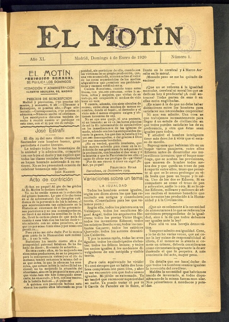 Miniatura de El Motín : periódico satírico semanal del 4 de enero de 1920, nº 1