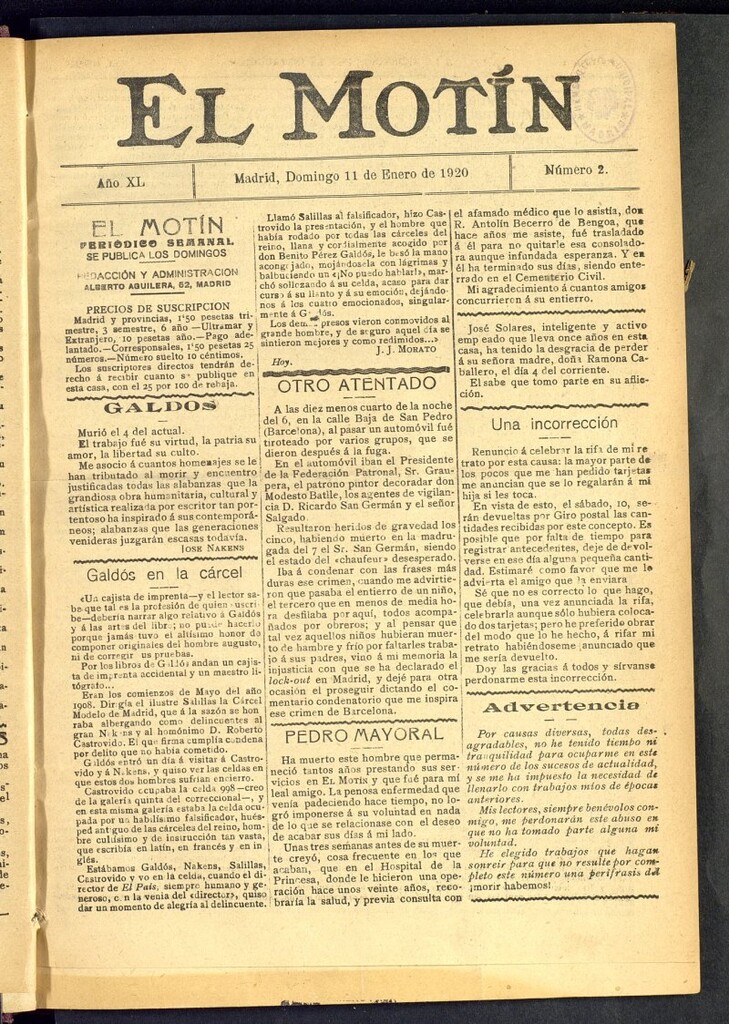 Miniatura de El Motín : periódico satírico semanal del 11 de enero de 1920, nº 2
