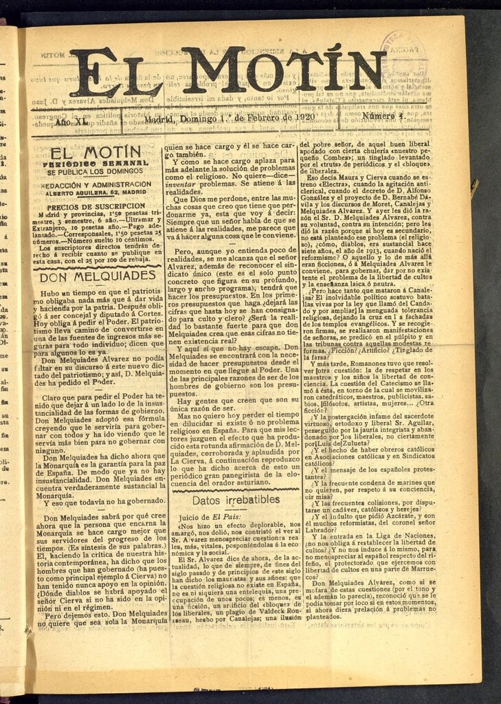 Miniatura de El Motín : periódico satírico semanal del 1 de febrero de 1920, nº 4