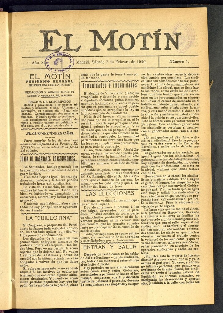 Miniatura de El Motín : periódico satírico semanal del 7 de febrero de 1920, nº 5