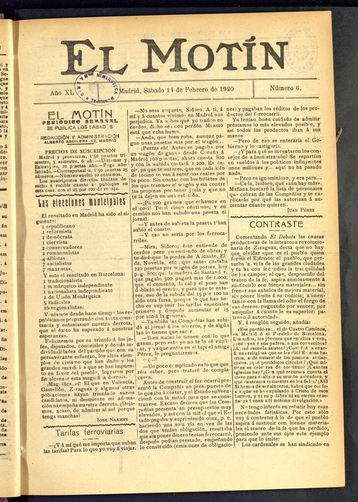 Miniatura de El Motín : periódico satírico semanal del 14 de febrero de 1920, nº 6