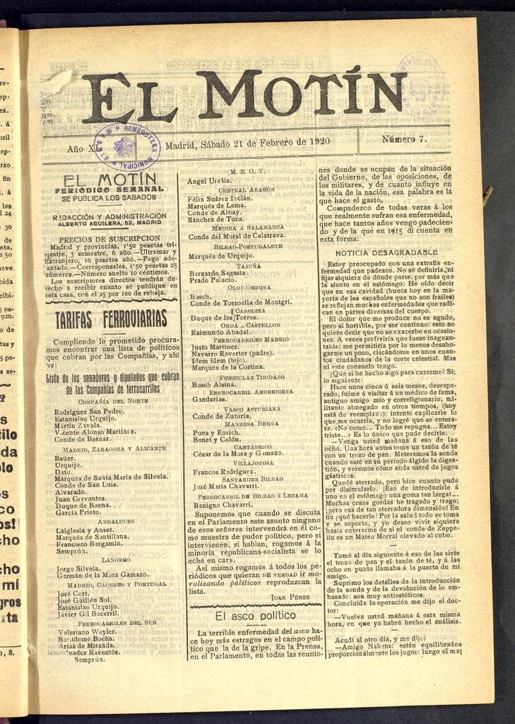 Miniatura de El Motín : periódico satírico semanal del 21 de febrero de 1920, nº 7