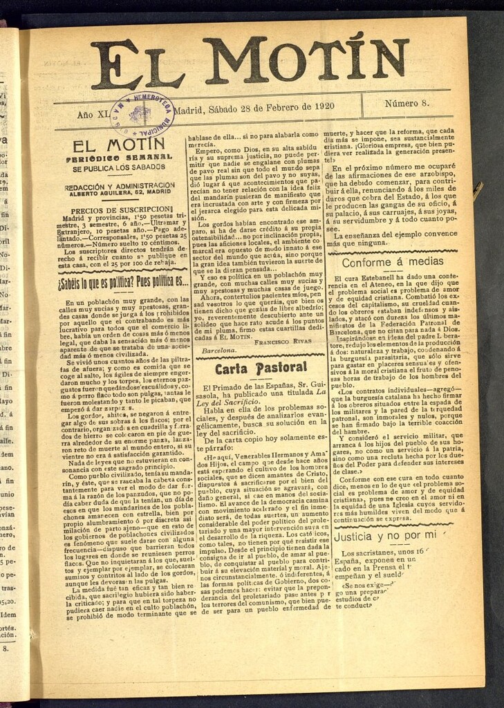Miniatura de El Motín : periódico satírico semanal del 28 de febrero de 1920, nº 8