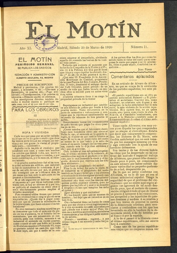 Miniatura de El Motín : periódico satírico semanal del 20 de marzo de 1920, nº 11