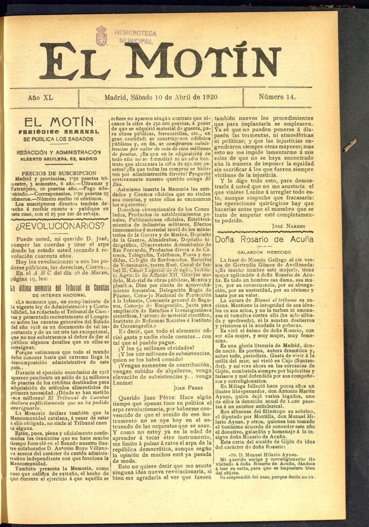 Miniatura de El Motín : periódico satírico semanal del 10 de abril de 1920, nº 14