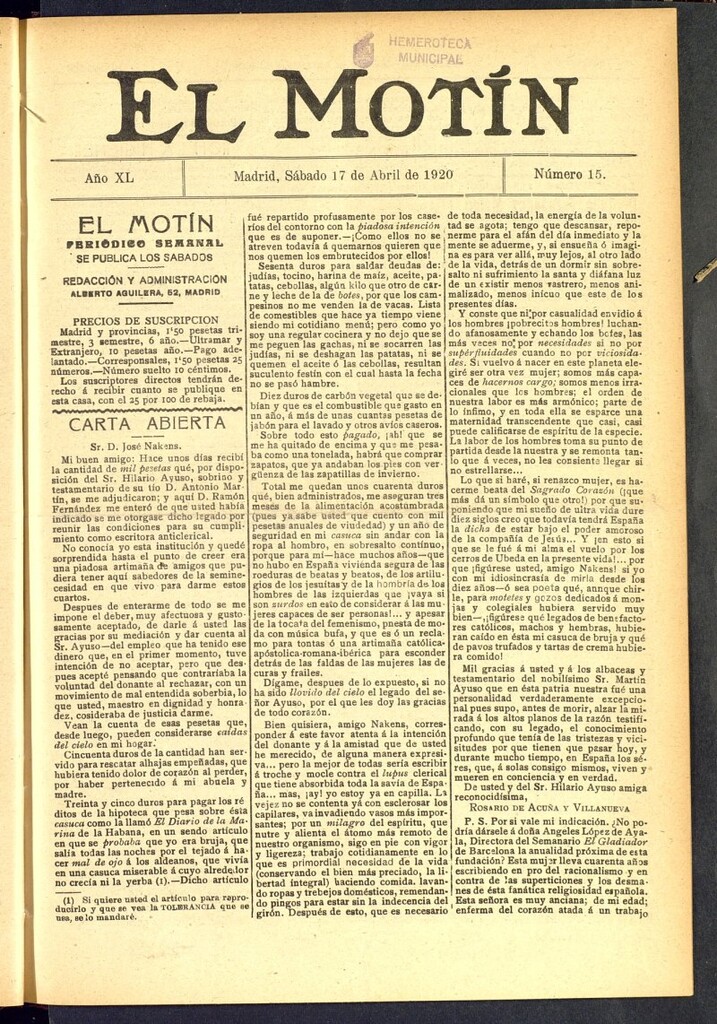 Miniatura de El Motín : periódico satírico semanal del 17 de abril de 1920, nº 15