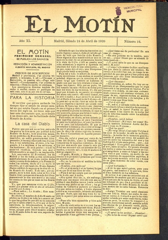 Miniatura de El Motín : periódico satírico semanal del 24 de abril de 1920, nº 16