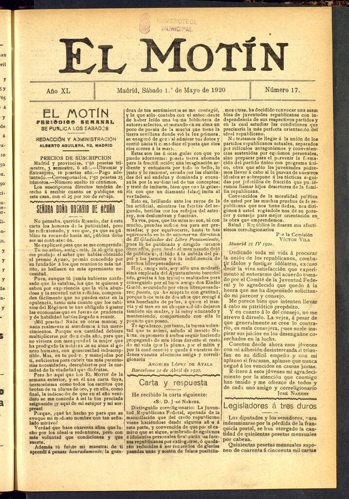 Miniatura de El Motín : periódico satírico semanal del 1 de mayo de 1920, nº 17