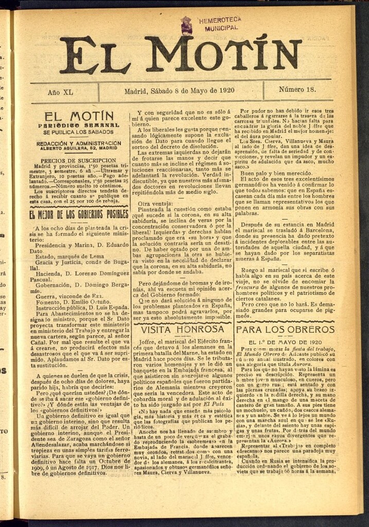 Miniatura de El Motín : periódico satírico semanal del 8 de mayo de 1920, nº 18