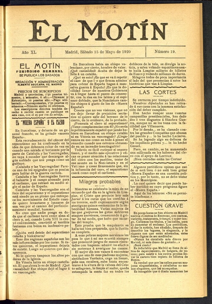 Miniatura de El Motín : periódico satírico semanal del 15 de mayo de 1920, nº 19