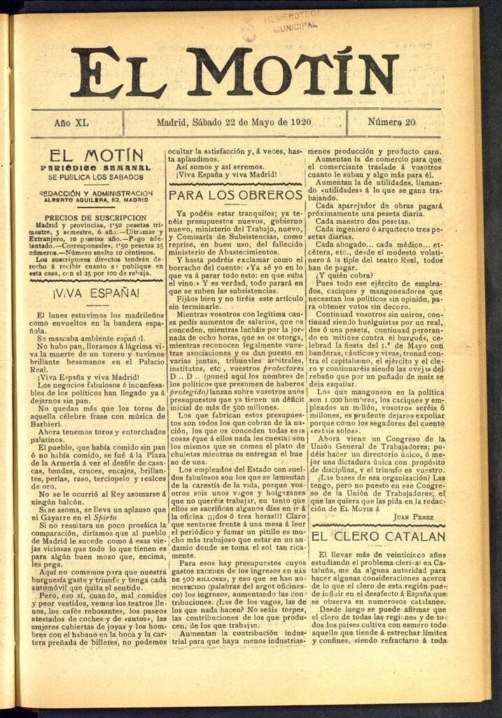 Miniatura de El Motín : periódico satírico semanal del 22 de mayo de 1920, nº 20