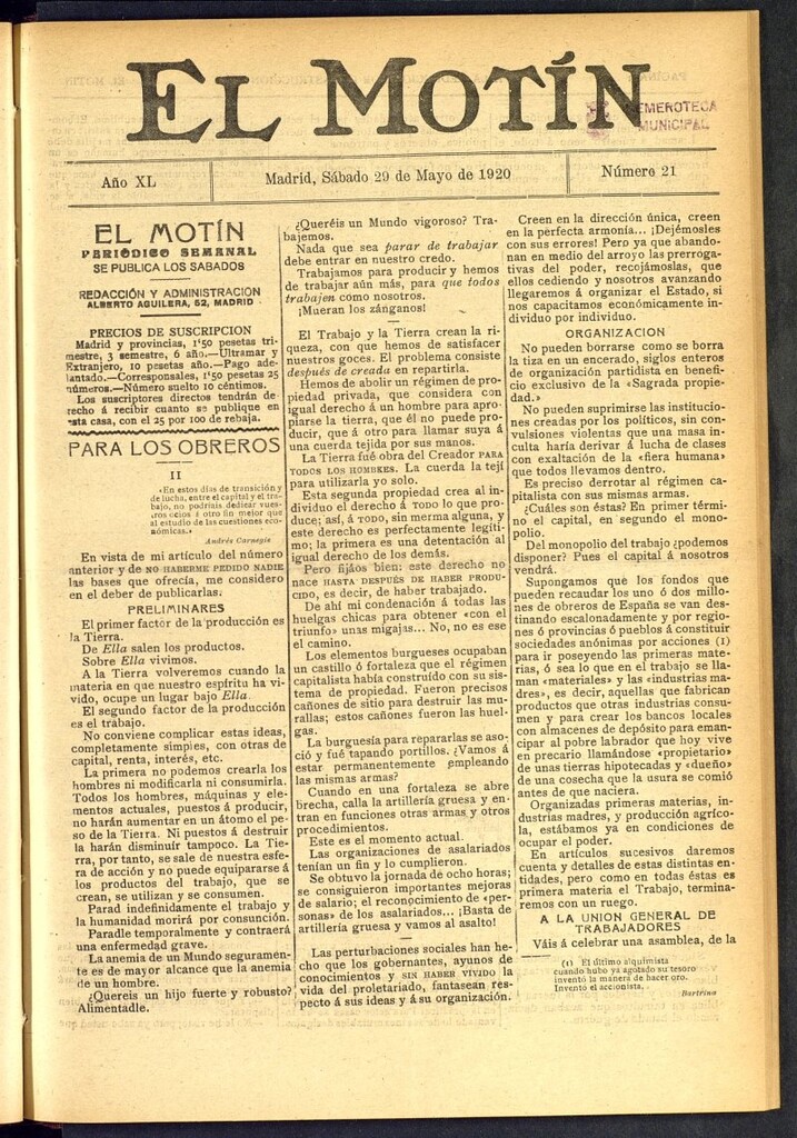 Miniatura de El Motín : periódico satírico semanal del 29 de mayo de 1920, nº 21
