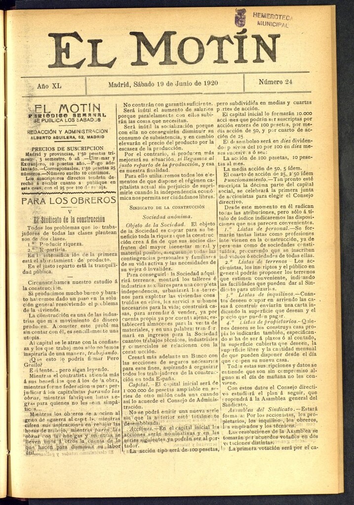 Miniatura de El Motín : periódico satírico semanal del 19 de junio de 1920, nº 24