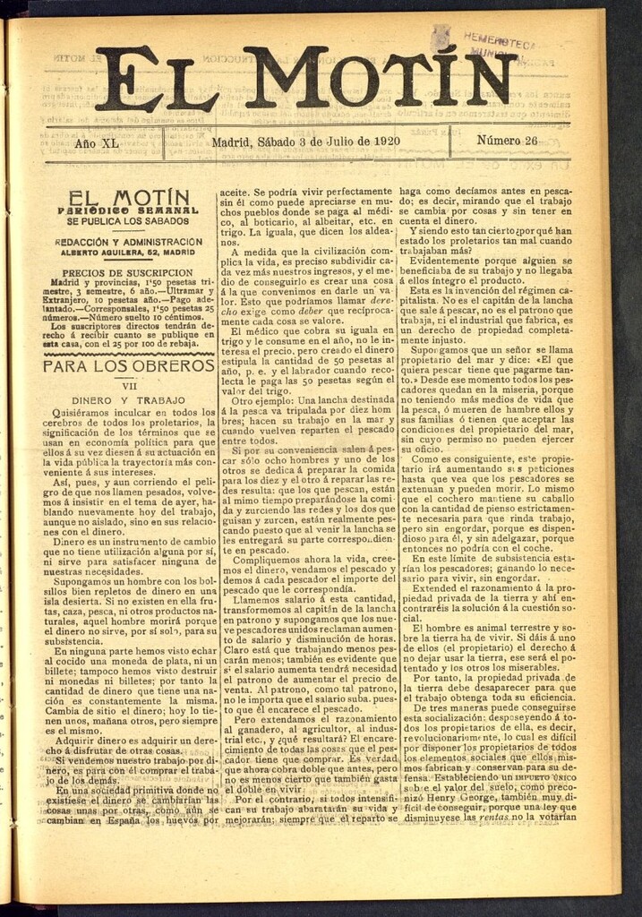 Miniatura de El Motín : periódico satírico semanal del 3 de julio de 1920, nº 26