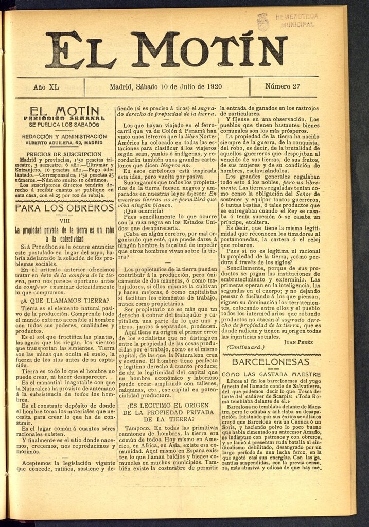 Miniatura de El Motín : periódico satírico semanal del 10 de julio de 1920, nº 27