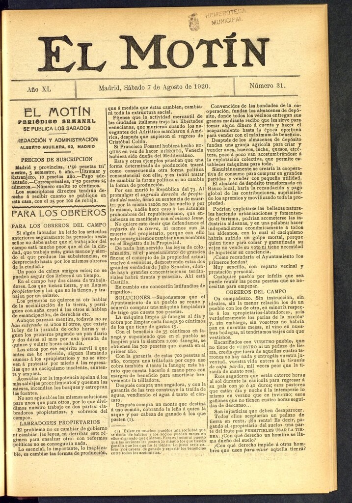 Miniatura de El Motín : periódico satírico semanal del 7 de agosto de 1920, nº 31
