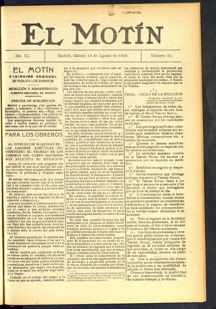 Miniatura de El Motín : periódico satírico semanal del 14 de agosto de 1920, nº 32