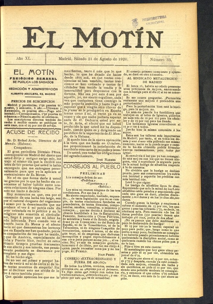 Miniatura de El Motín : periódico satírico semanal del 21 de agosto de 1920, nº 33