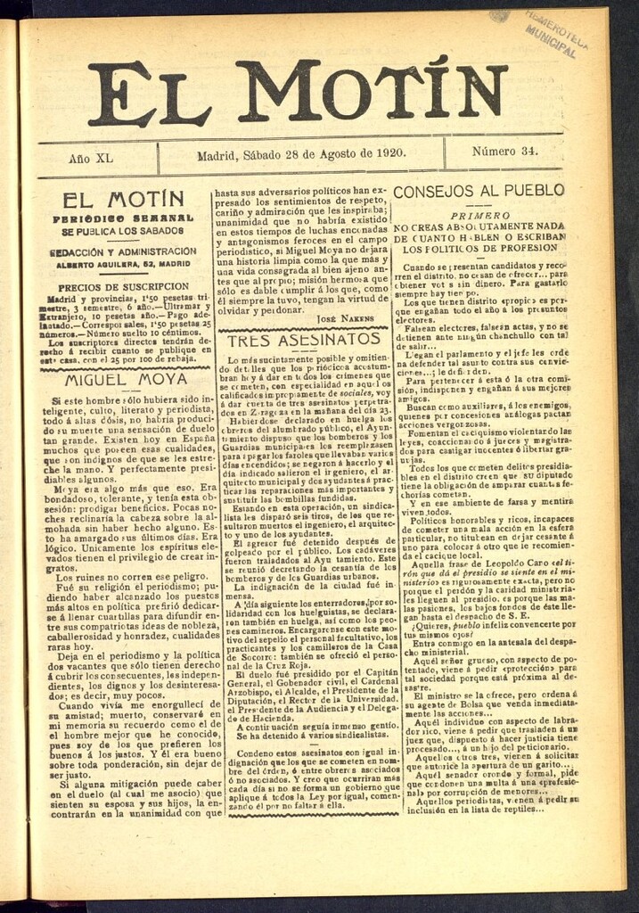 Miniatura de El Motín : periódico satírico semanal del 28 de agosto de 1920, nº 34