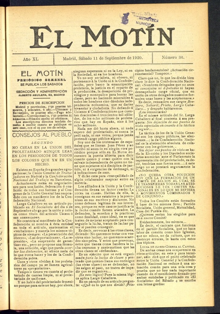 Miniatura de El Motín : periódico satírico semanal del 11 de septiembre de 1920, nº 36