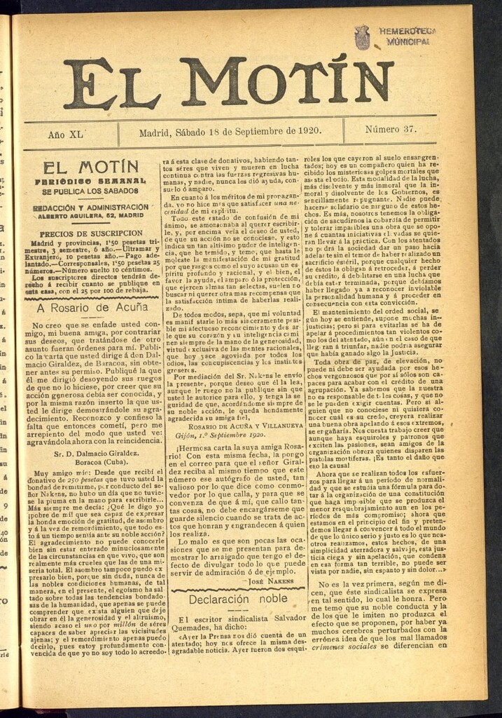 Miniatura de El Motín : periódico satírico semanal del 18 de septiembre de 1920, nº 37