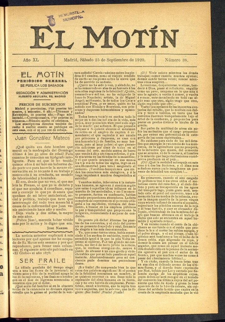 Miniatura de El Motín : periódico satírico semanal del 25 de septiembre de 1920, nº 38