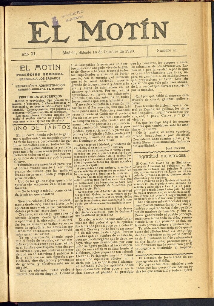 Miniatura de El Motín : periódico satírico semanal del 16 de octubre de 1920, nº 41