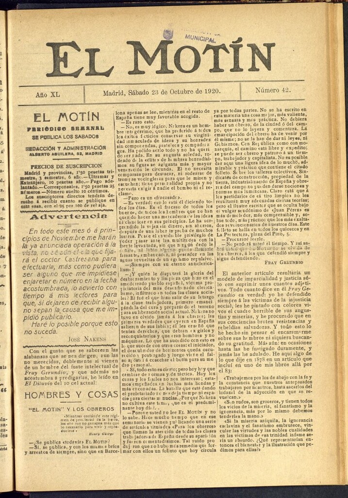 Miniatura de El Motín : periódico satírico semanal del 23 de octubre de 1920, nº 42