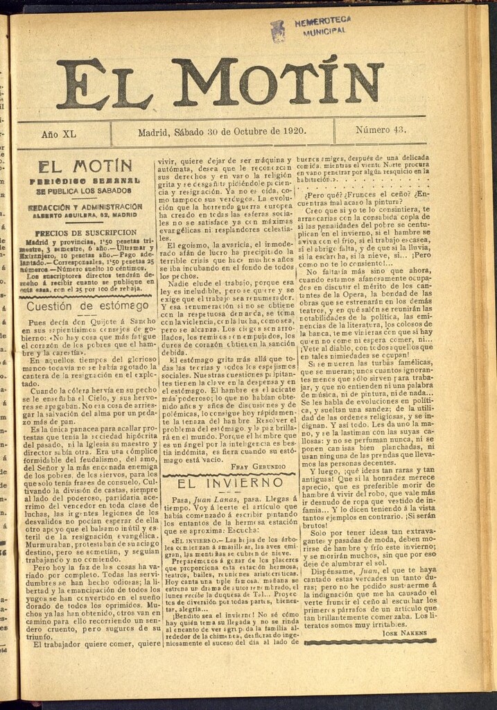Miniatura de El Motín : periódico satírico semanal del 30 de octubre de 1920, nº 43