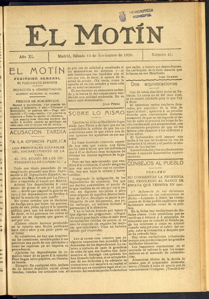 Miniatura de El Motín : periódico satírico semanal del 13 de noviembre de 1920, nº 45