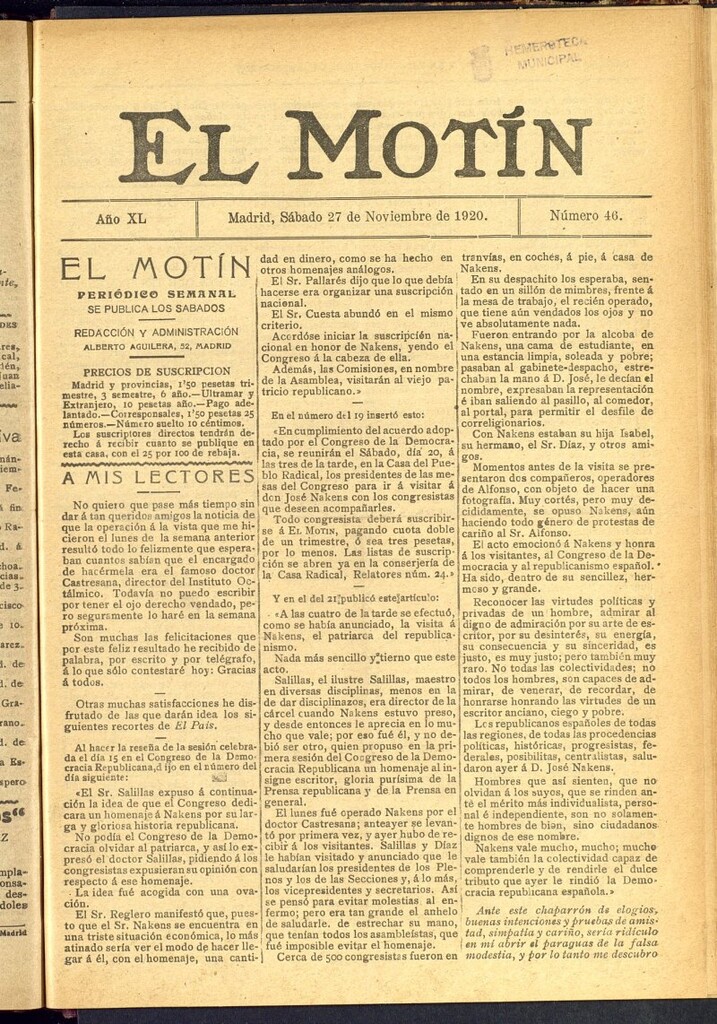 Miniatura de El Motín : periódico satírico semanal del 27 de noviembre de 1920, nº 46
