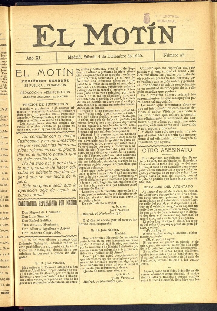 Miniatura de El Motín : periódico satírico semanal del 4 de diciembre de 1920, nº 47