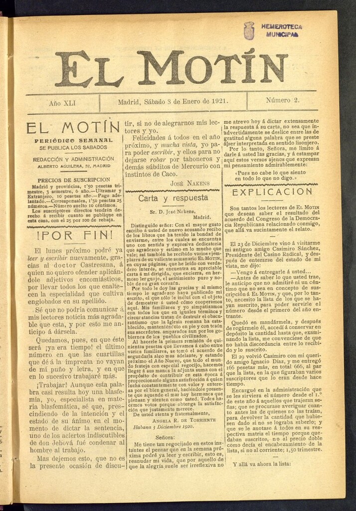 Miniatura de El Motín : periódico satírico semanal  del 8 de enero de 1921, nº 2