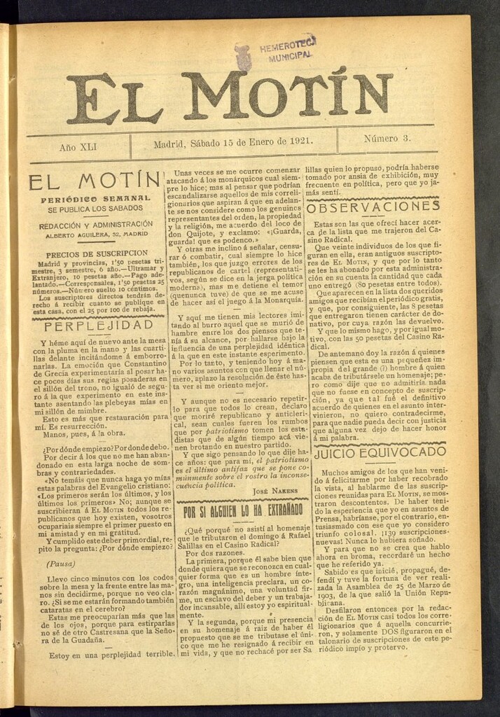 Miniatura de El Motín : periódico satírico semanal  del 15 de enero de 1921, nº 3
