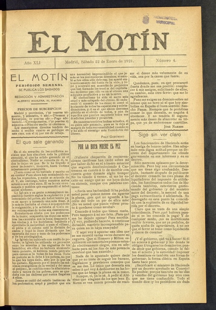 Miniatura de El Motín : periódico satírico semanal  del 22 de enero de 1921, nº 4