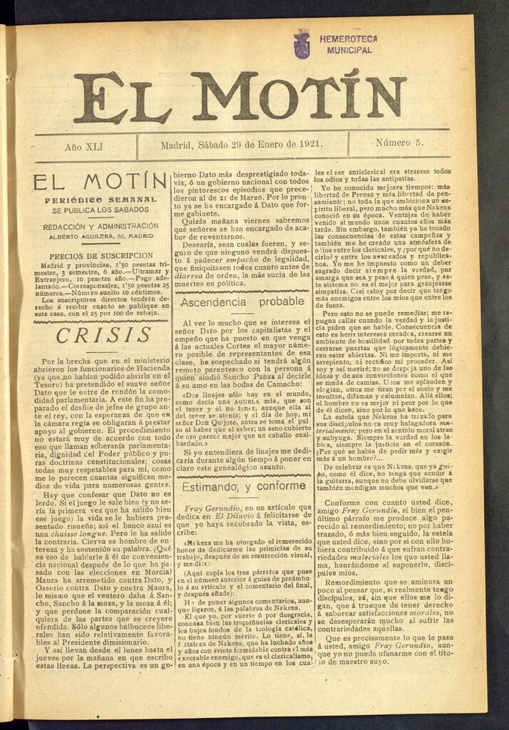 Miniatura de El Motín : periódico satírico semanal  del 29 de enero de 1921, nº 5