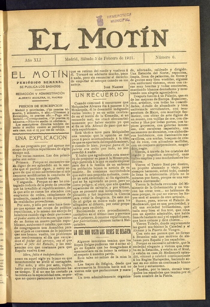 Miniatura de El Motín : periódico satírico semanal  del 5 de febrero de 1921, nº 6