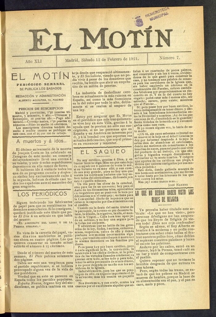 Miniatura de El Motín : periódico satírico semanal  del 12 de febrero de 1921, nº 7