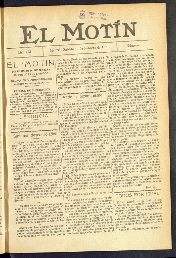 Miniatura de El Motín : periódico satírico semanal  del 19 de febrero de 1921, nº 8